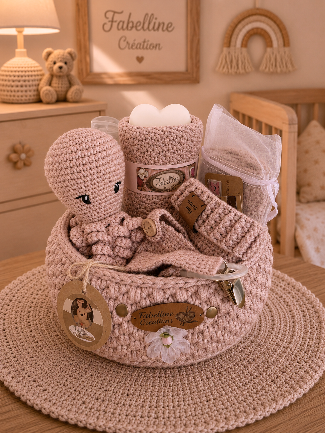 Panier naissance Luxe au crochet avec doudou pieuvre
